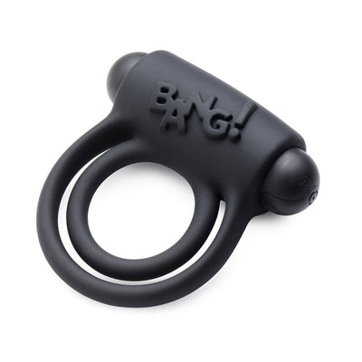 Black silicone vibrating cock ring with dual stretchy rings and integrated bullet vibrator, featuring embossed Bang! logo.