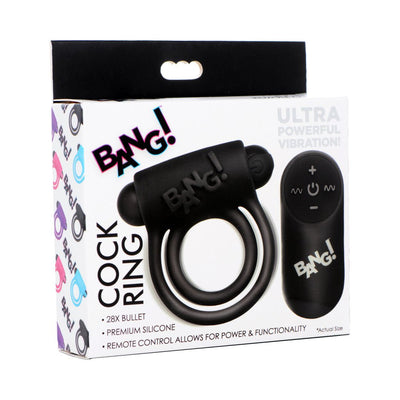 Packaging of Bang! vibrating black silicone cock ring with bullet and remote control, highlighting premium materials and powerful vibration features.