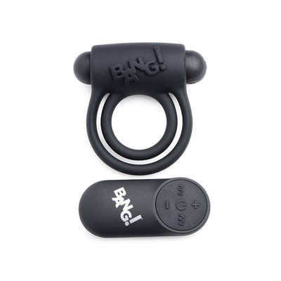 Black silicone vibrating cock ring with dual rings and a matching remote control featuring multiple buttons.