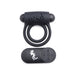 Black silicone vibrating cock ring with dual rings and a matching remote control featuring multiple buttons.