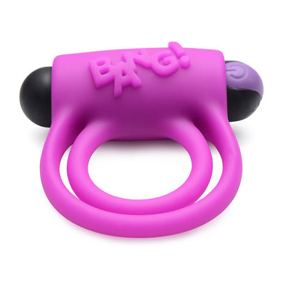 Purple silicone vibrating cock ring with dual stretchy loops and a removable bullet vibrator with remote control.
