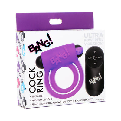 Packaging of Bang! Vibrating purple silicone cock ring with bullet and black remote control on white background.