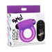 Packaging of Bang! Vibrating purple silicone cock ring with bullet and black remote control on white background.