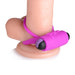 Purple silicone vibrating cock ring with bullet and remote control displayed on a realistic model.