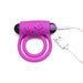 Purple silicone vibrating cock ring with dual rings and USB charging cable on white background.