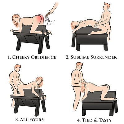 Illustration showing four different intimate positions using a black bondage bench titled Cheeky Obedience, Sublime Surrender, All Fours, and Tied & Tasty.