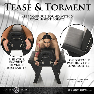 Black faux leather bondage bench with padded top and six metal attachment points shown with restrained model.