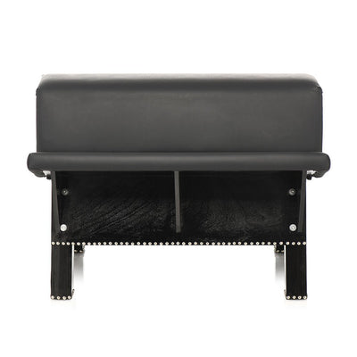 Black vegan leather padded bondage bench with sturdy wood frame and metal studs, designed for versatile restraint play.