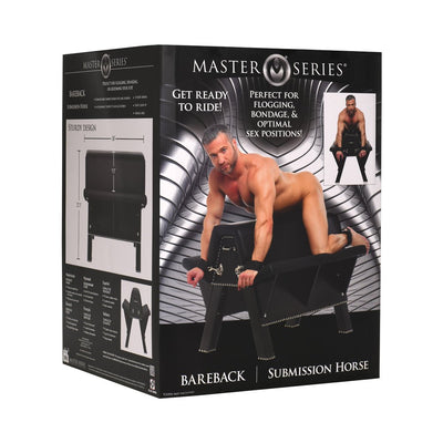 Packaging box for Bareback Submission Horse bondage bench showing product image, dimensions, and a model demonstrating its use.