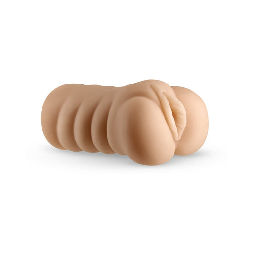 Compact beige textured male stroker with realistic design and ribbed exterior for enhanced stimulation.