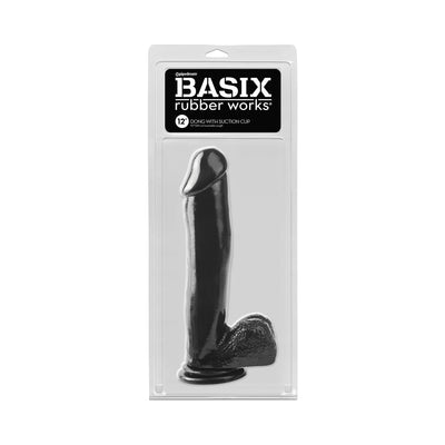 Basix 12-inch black rubber dong with suction cup in clear retail packaging by Pipedream.