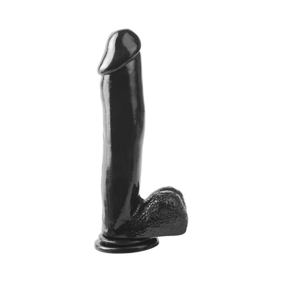 Black realistic dildo with suction cup base and textured testicles, standing upright on a white background.