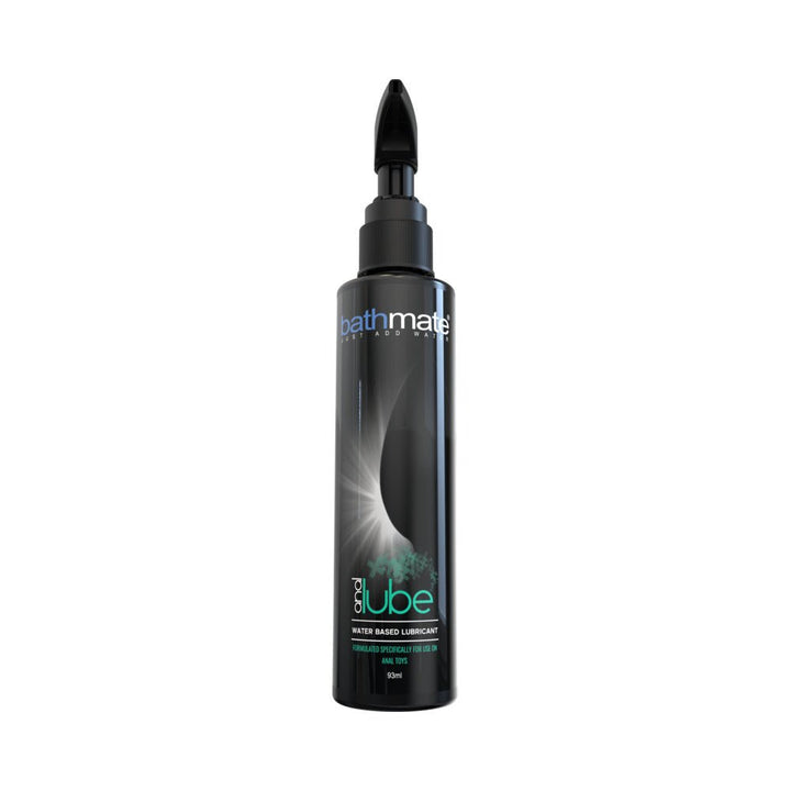 Bathmate Anal Lube water-based lubricant in a black 3.15oz pump bottle designed for anal use and compatible with most condoms and toys.
