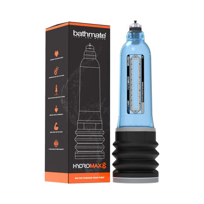Bathmate Hydromax8 water-powered pump with black base and blue transparent chamber next to its black and orange packaging box.