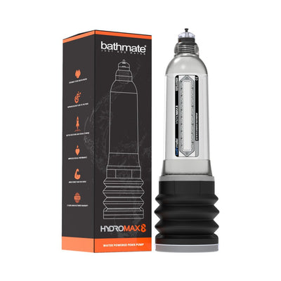 Bathmate Hydromax8 water-powered pump with clear cylinder and black base next to its black and orange packaging box.