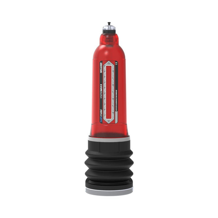 Red Bathmate Hydromax8 penis pump with black accordion-style base and measurement gauge on the side.
