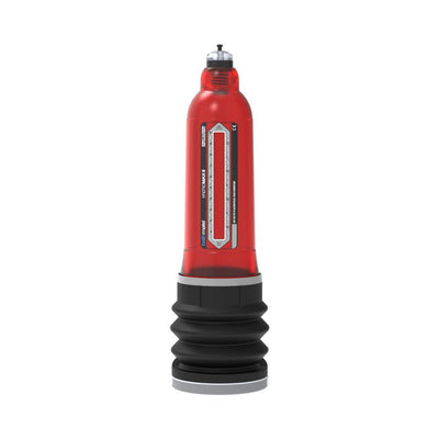 Red Bathmate Hydromax8 penis pump with black accordion-style base and measurement gauge on the side.