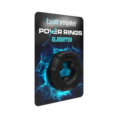 Bathmate Power Rings Gladiator in black with three raised inner nubs on branded packaging with blue electric design.