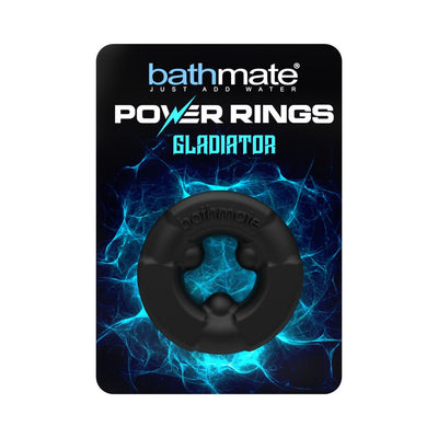 Bathmate Gladiator Power Ring in black with three raised inner nubs on blue electric background packaging.