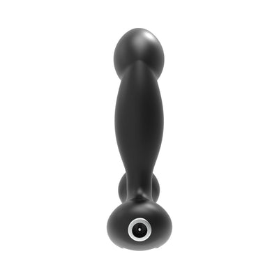Black ergonomic prostate massager with smooth silicone surface and rounded tip, designed for targeted stimulation.