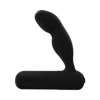 Black ergonomic prostate massager with curved design and detachable vibrating bullet by Bathmate.