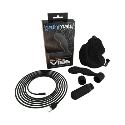 Bathmate Prostate Vibe set with black silicone massager, vibrating bullet, USB charging cable, storage pouch, and packaging box.
