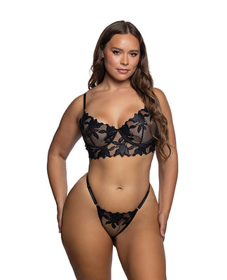 Intricate Floral Lace Underwire Bra & Panty 2 pc Set - Black 1X