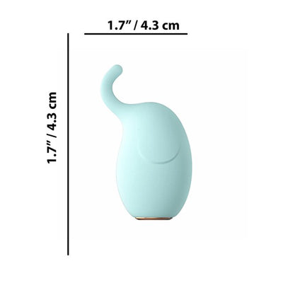 Compact teal elephant-shaped vibrator with curved trunk, measuring 1.7 inches by 1.7 inches, designed for targeted pleasure.