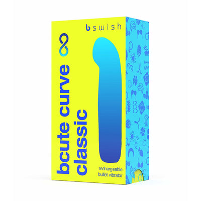 Packaging box of Bcute Curve Infinite Classic rechargeable bullet vibrator in bright yellow and blue colors.