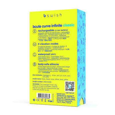 Packaging box of Bcute Curve Infinite Classic vibrator highlighting features like rechargeable battery, 5 vibration modes, waterproof, and body-safe silicone.