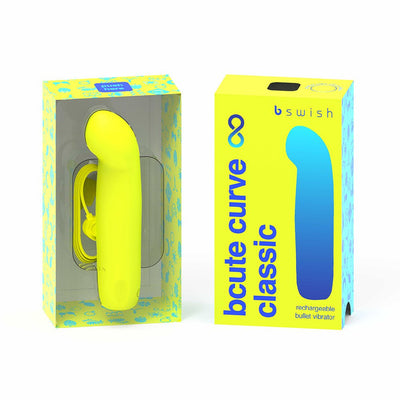 Bcute Curve Infinite Classic yellow curved bullet vibrator with matching charging cable in bright packaging box.