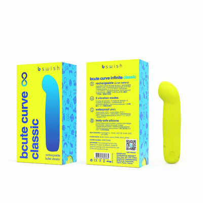 Bright yellow Bcute Curve Infinite Classic rechargeable bullet vibrator with packaging highlighting 5 vibration modes and waterproof design.
