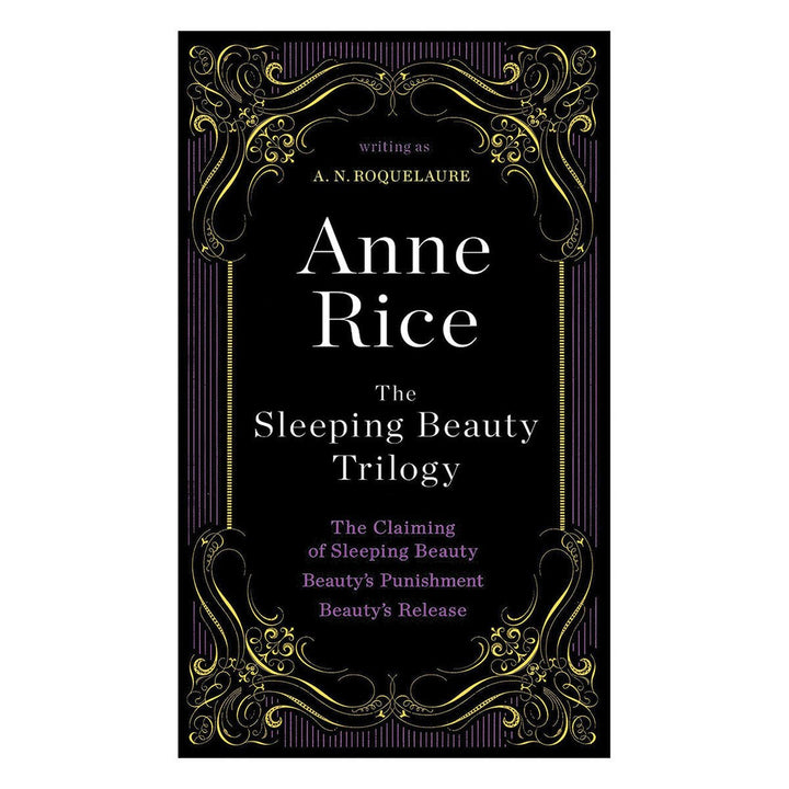 Elegant black book cover of Anne Rice's Sleeping Beauty Trilogy with gold and purple decorative accents and titles of the three included novels.