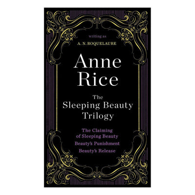 Elegant black book cover of Anne Rice's Sleeping Beauty Trilogy with gold and purple decorative accents and titles of the three included novels.