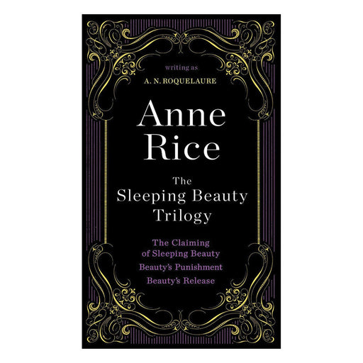 Elegant black book cover of Anne Rice's Sleeping Beauty Trilogy with gold and purple decorative accents and titles of the three included novels.