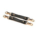 Two black vegan leather cuff connectors with gold metal clasps and rivets on a white background.