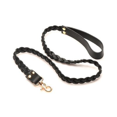 Black braided vegan leather leash with gold-colored metal clip and matching handle loop.