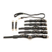 Black vegan leather lovers restraint set with adjustable wrist and ankle cuffs, collar with braided leash, and gold hardware connectors.
