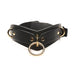 Black vegan leather collar with gold metal rings and adjustable buckle, part of a lovers restraints set.
