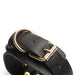 Close-up of black vegan leather collar with gold buckle and D-ring detail from Bedroom Bliss Lovers Restraints Set.