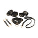 Black vegan leather lovers restraint set with adjustable wrist and ankle cuffs, collar with braided leash, and gold metal accents.