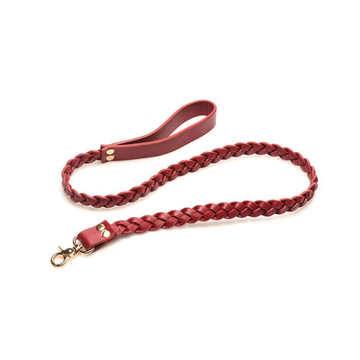 Braided red vegan leather leash with gold-tone clasp and loop handle from Bedroom Bliss Lovers Restraints Set.