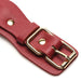 Close-up of red vegan leather strap with gold-tone buckle and rivet detail from Bedroom Bliss Lovers Restraints Set.