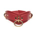 Red vegan leather collar with gold metal rings and rivets, adjustable for a comfortable fit.