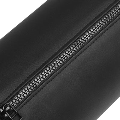 Close-up of black vegan faux leather padded sex spreader bar with visible zipper detail.