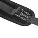 Close-up of black padded strap with adjustable hook and loop fastener and plastic buckle detail.