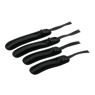 Set of four black adjustable padded wrist or ankle cuffs with hook and loop straps for secure restraint.