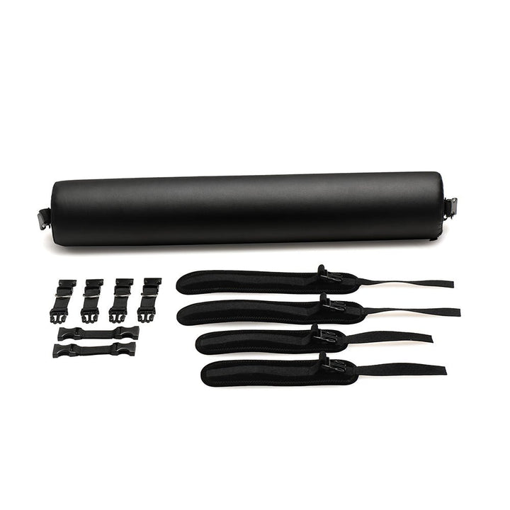 Black padded sex spreader bar with adjustable wrist and ankle cuffs and multiple connectors on a white background.