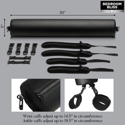 Black padded sex spreader bar with adjustable wrist and ankle cuffs, connectors, and detailed close-ups of zippers and straps.