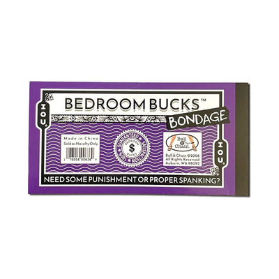 Purple Bedroom Bucks Bondage coupon book with playful IOUs for intimate adventures and spanking prompts.